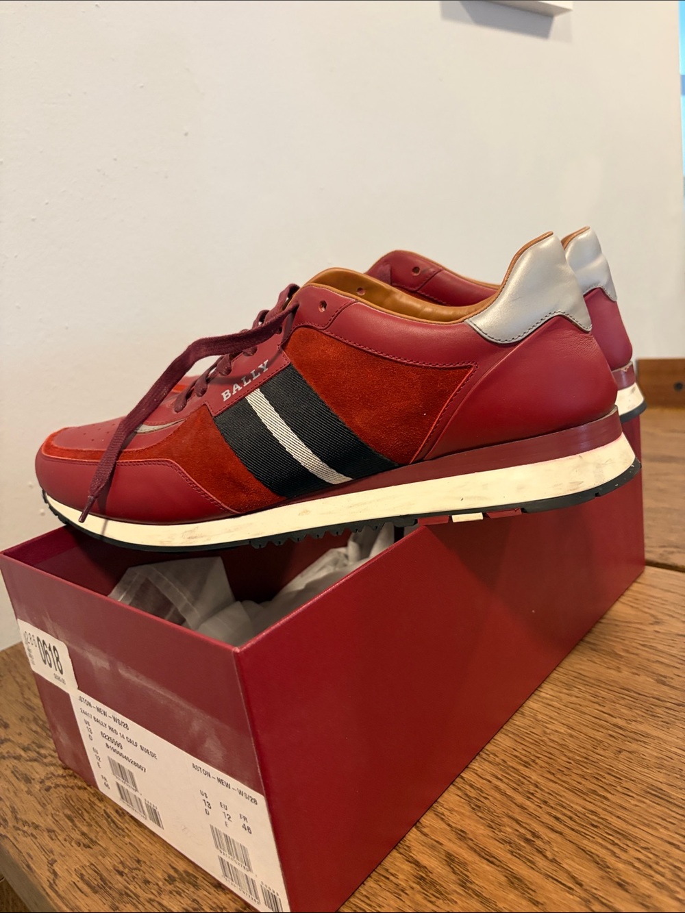 Bally Men's Red Leather & Suede Sneakers with Black and White Side Stripes